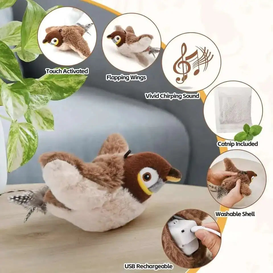Chirping Plush Bird Toy and Teasing Pole for Cats